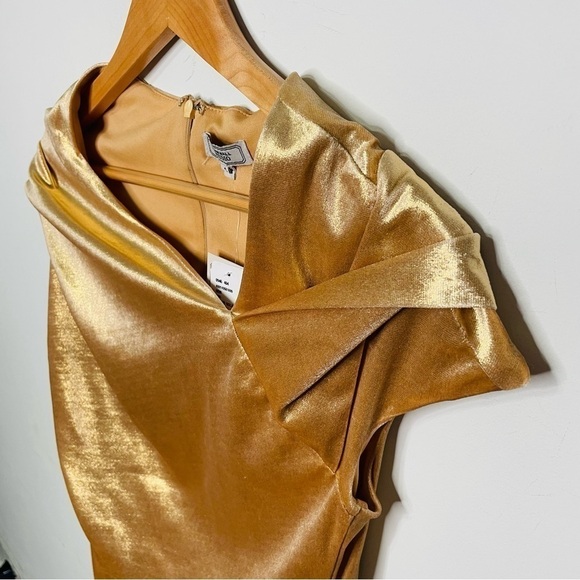 Metallic Gold Shimmer Holiday Draped Velour Ruched Fitted Asymmetrical Dress - Picture 5 of 12